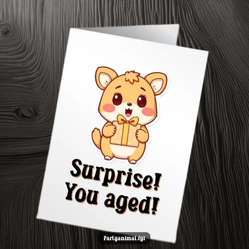 Funny Free Printable Birthday Card showing an animal character's surprised face as they receive a gift, capturing delightful shock.