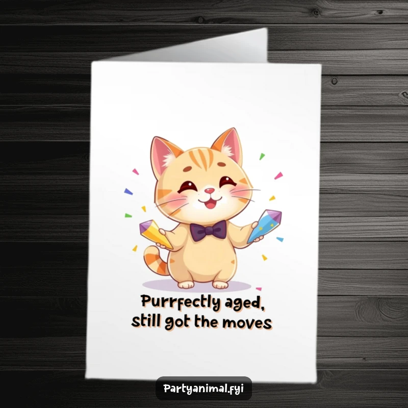 Funny free printable birthday card of a smiling cat in a bow tie, expertly juggling three colorful confetti cones for a joyous celebration.