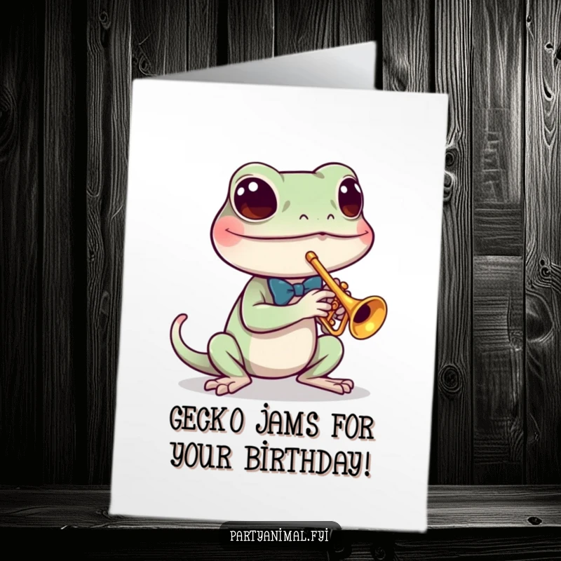 Funny Free Printable Gecko Birthday Card: A determined gecko in a bow tie plays a tiny trumpet with gusto.