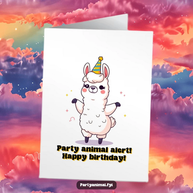 Funny free printable birthday card of a winking llama character dancing enthusiastically with a giant, sparkling party horn, ready to celebrate.