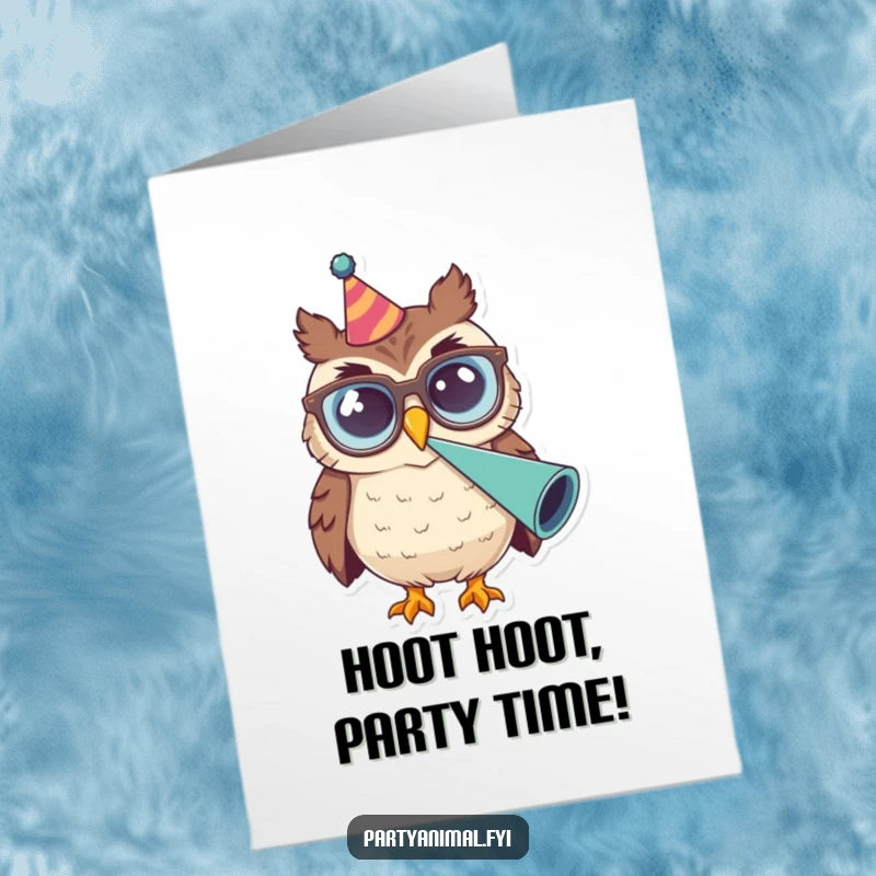 Funny Free Printable Birthday Card: An owl in big glasses, enthusiastically blowing a party horn, spreading birthday cheer loudly.