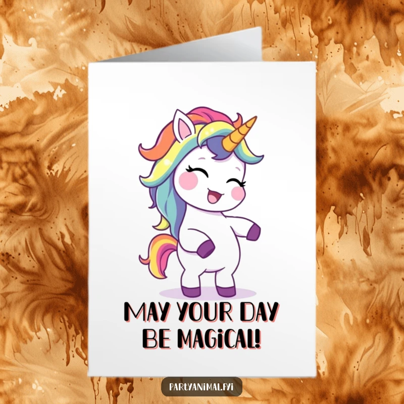 Funny Free Printable Birthday Card: Giggling unicorn with rainbow mane doing a silly dance, spreading joy and laughter.