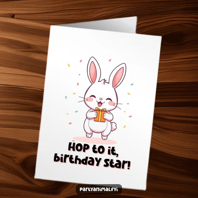Funny Free Printable Birthday Card: A bouncing bunny with confetti falling holds a tiny gift, wishing a happy birthday.