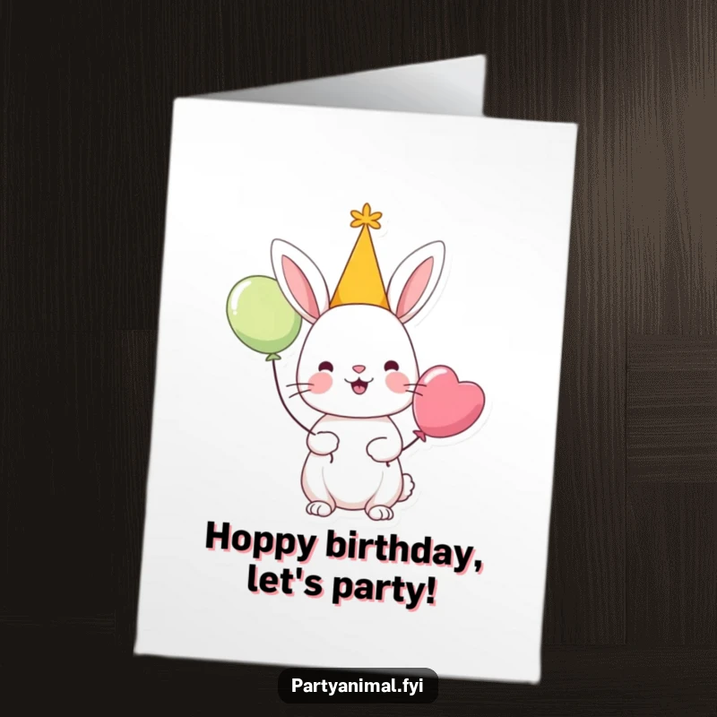 Funny Free Printable Birthday Card: A cheerful rabbit character in a party hat holding a balloon, ready to celebrate.
