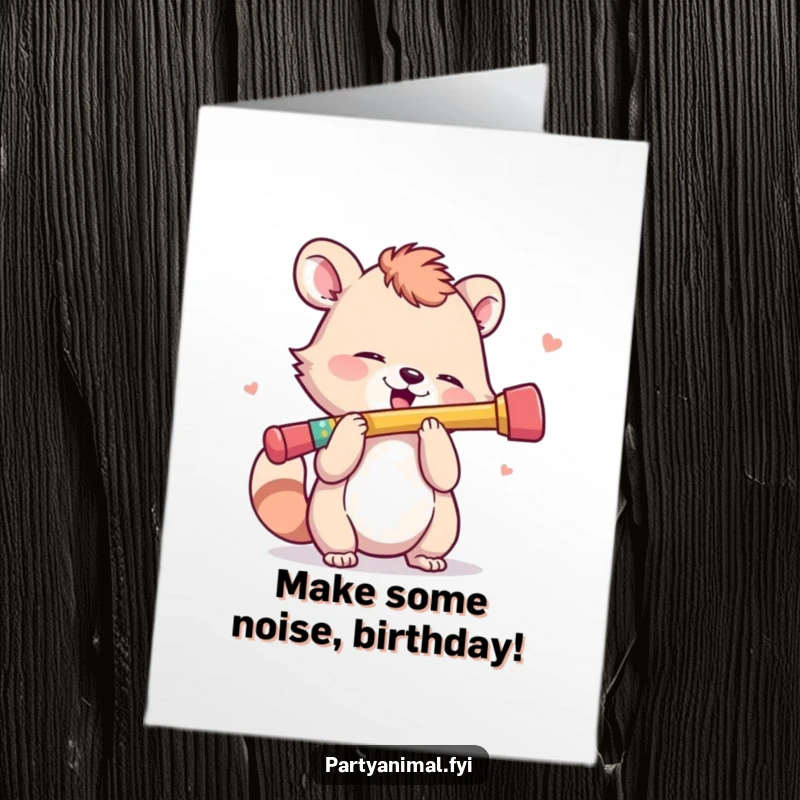 Funny Free Printable Birthday Card: Animal character enthusiastically playing a tiny, colorful kazoo with joy. Downloadable greeting.