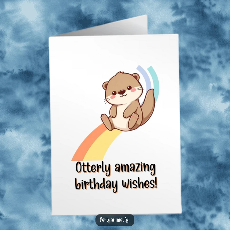 Funny Free Printable Birthday Card featuring a playful otter joyfully sliding down a vibrant streamer rainbow.