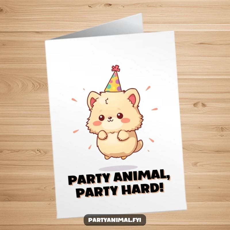 Funny Free Printable Birthday Card: Tiny fluffy animal in party hat spinning wildly, ready to party. Hilarious downloadable greeting.