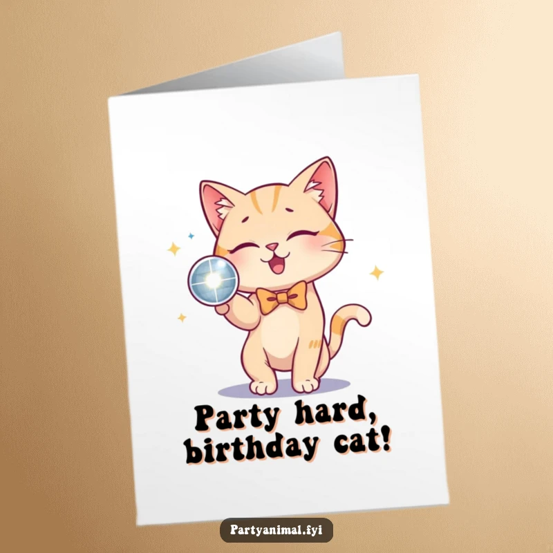 Funny Free Printable Birthday Card: A cat in a bow tie playfully batting at a sparkling disco ball, ready to party.