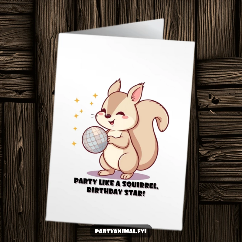 Funny Free Printable Birthday Card: A squirrel energetically spinning a disco ball with its tail, ready to party.