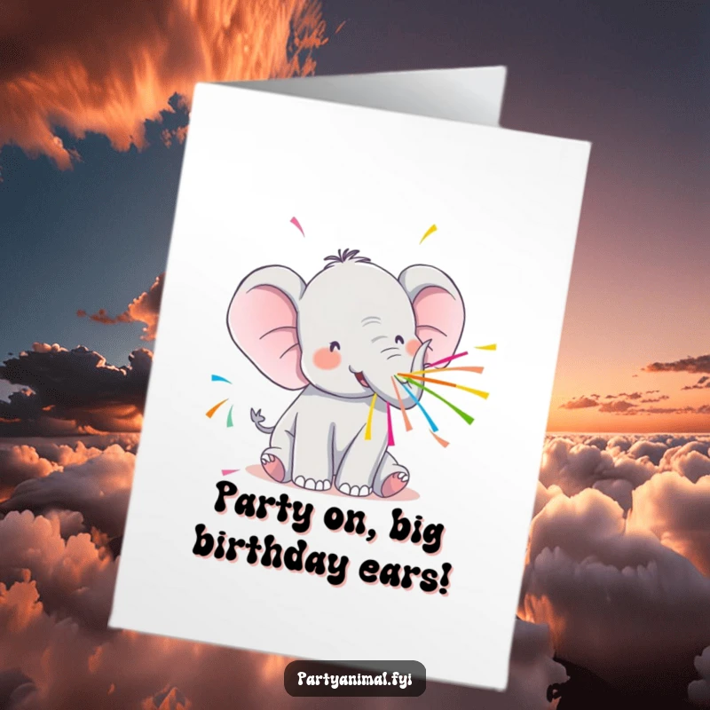 Funny Free Printable birthday card of a Kawaii elephant playfully spraying colorful streamers from its trunk, creating a festive atmosphere.