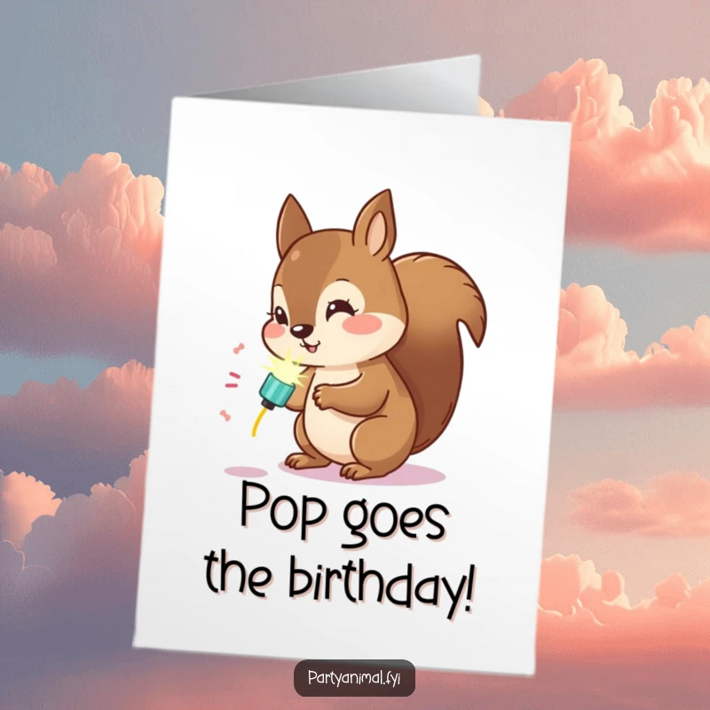 Funny Free Printable birthday card depicting a curious Kawaii squirrel examining a bright, glowing party popper with wonder.