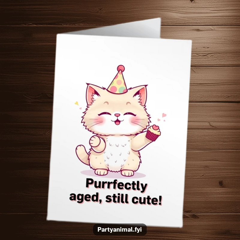 Funny Free Printable Birthday Card: Fluffy cat in party hat juggles tiny cupcakes, ready for a sweet celebration.