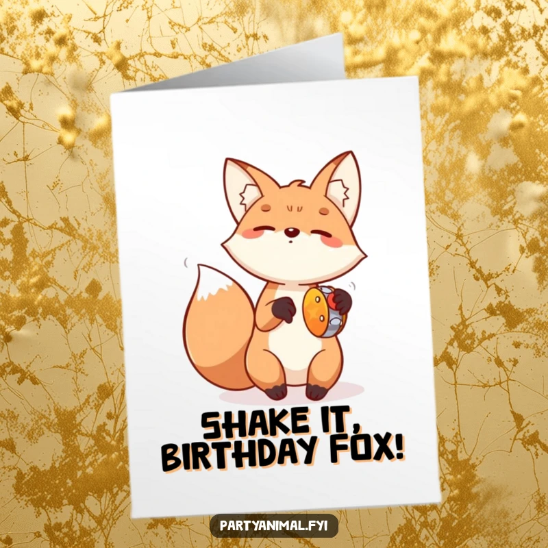 Funny Free Printable Birthday Card: Energetic fox with a tambourine, paws a blur, spreading joyous birthday vibes.