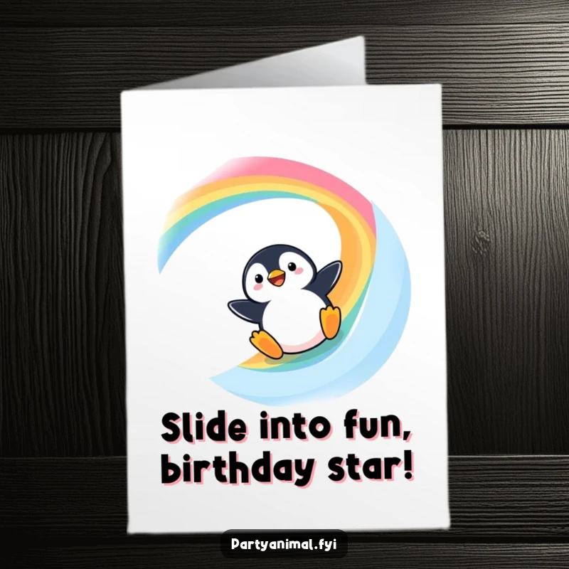 Funny Free Printable birthday card of a Kawaii penguin joyfully sliding down a vibrant rainbow slide, spreading cheer.