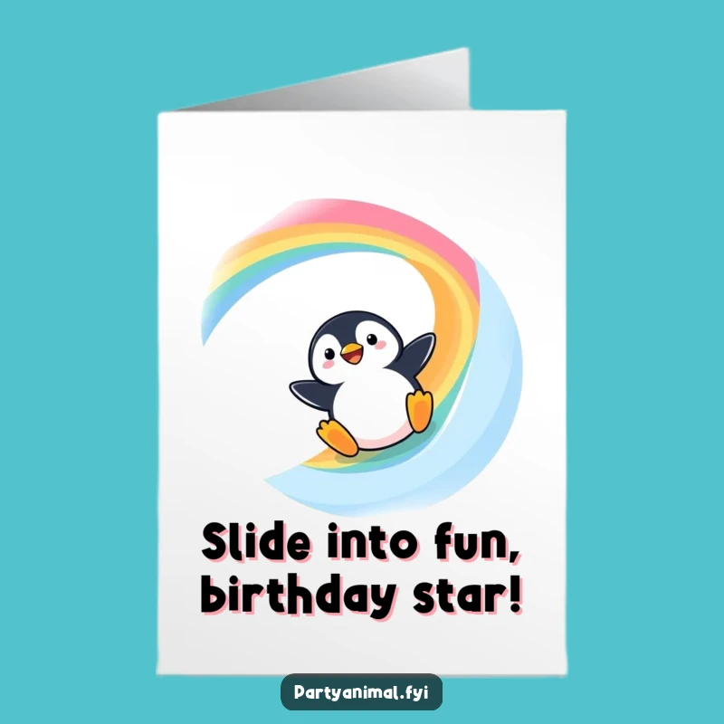 Free Printable Kawaii Penguin Birthday Card: Hilarious Rainbow Slide Fun!