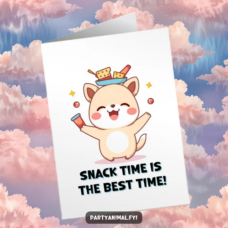 Funny Free Printable Birthday Card: A joyful animal character precariously balances a tower of yummy snacks on its head.