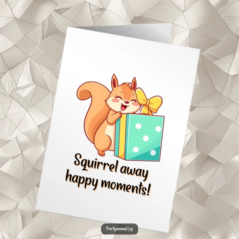 Funny Free Printable Birthday Card: An energetic squirrel excitedly unwraps a huge, colorful gift box with pure delight and anticipation.