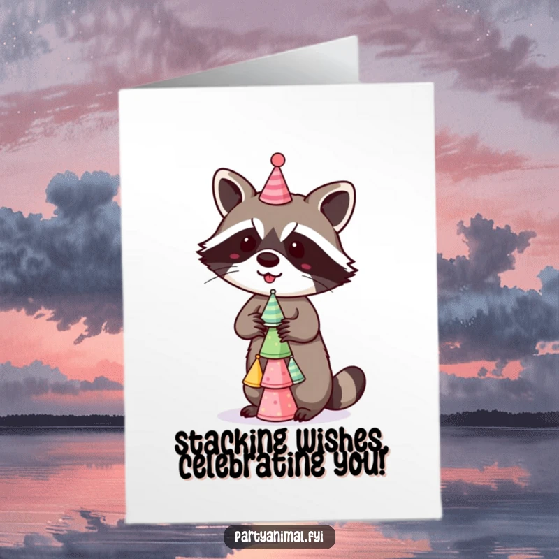 Funny Free Printable Raccoon Birthday Card: A mischievous raccoon expertly balancing a stack of tiny party hats.
