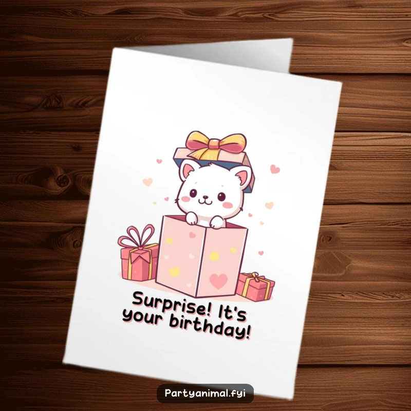 Funny Free Printable Birthday Card: Small animal character bursting energetically out of a festive gift box, a delightful surprise. Downloadable greeting.