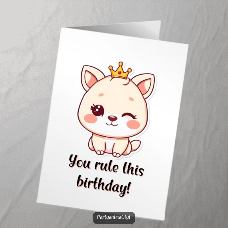 Funny Free Printable Birthday Card: A cute animal winks slyly while wearing a tiny, sparkly crown, exuding regal charm.