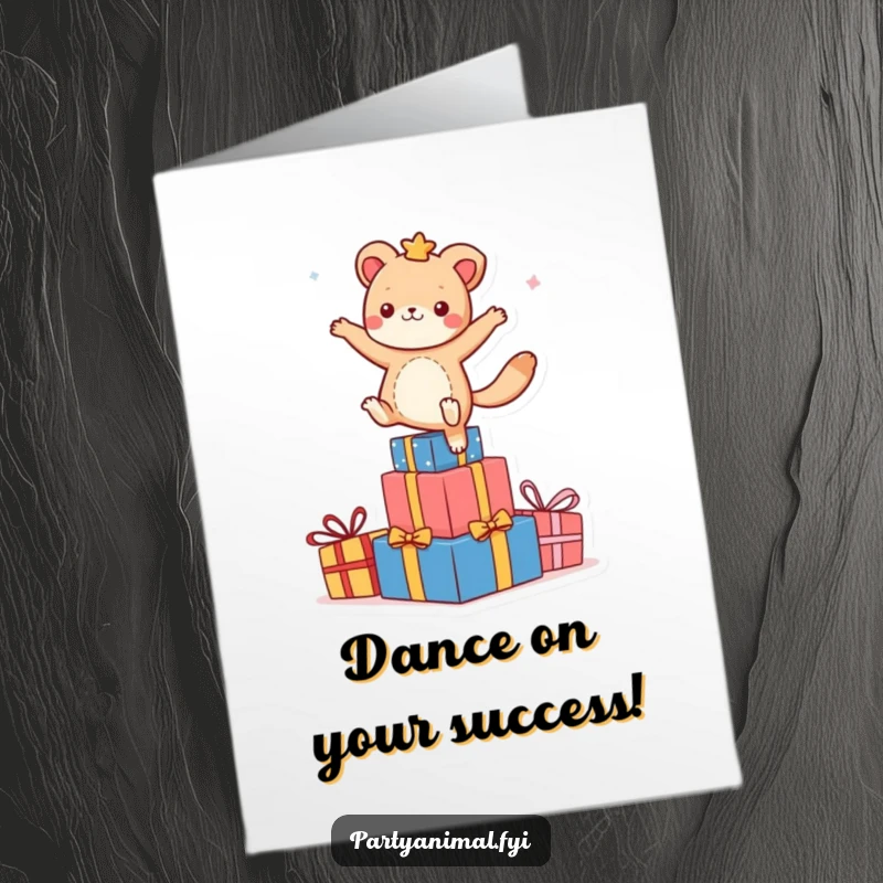 Funny Free Printable Congratulations Card: An animal jubilantly dances on a pile of colorful gifts, a festive downloadable art.