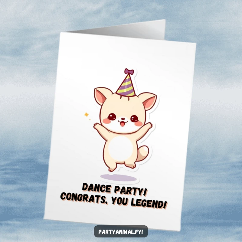 Funny Free Printable Congratulations Card showing a cute animal dancing energetically with a party hat, ideal for a joyful celebration.