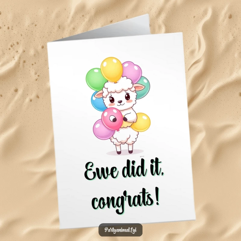 Funny Free Printable Congratulations Card: Adorable sheep balancing a tall stack of colorful balloons, celebratory downloadable art.