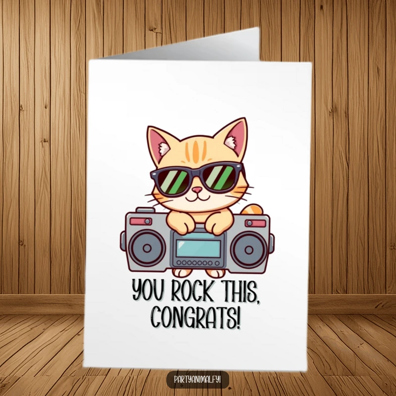 Free Printable Congratulations Card: A stylish cat wearing cool sunglasses, confidently posing on a retro boombox.
