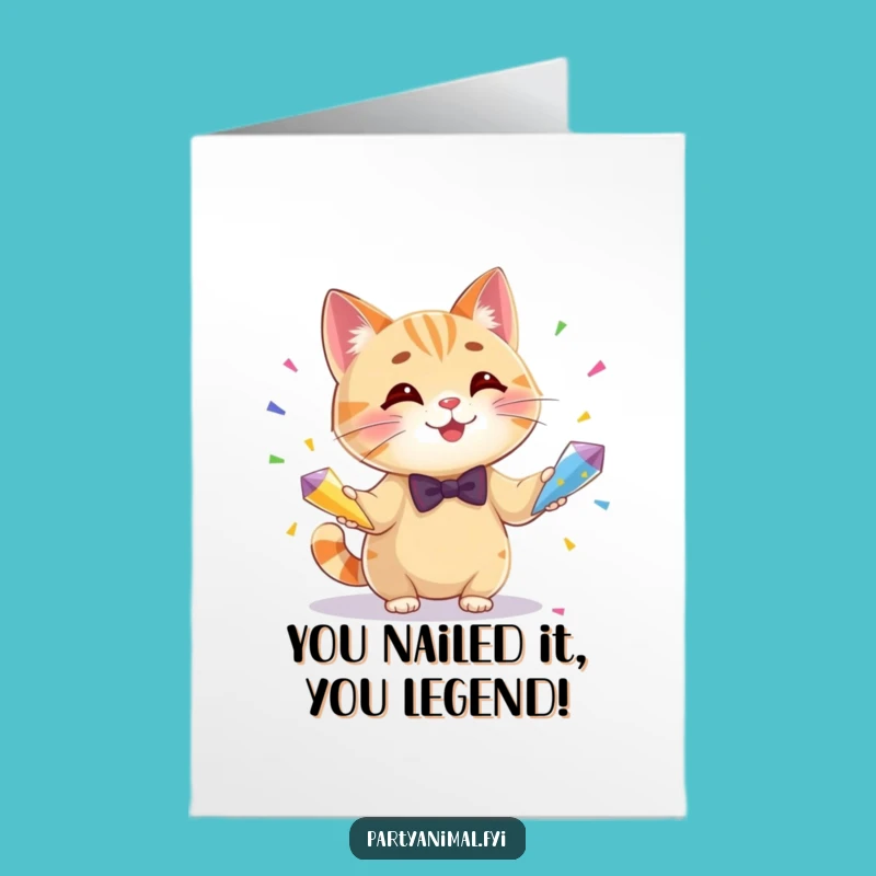 Free Printable Cat Congratulations Card: Juggling Bow Tie Cat Downloadable