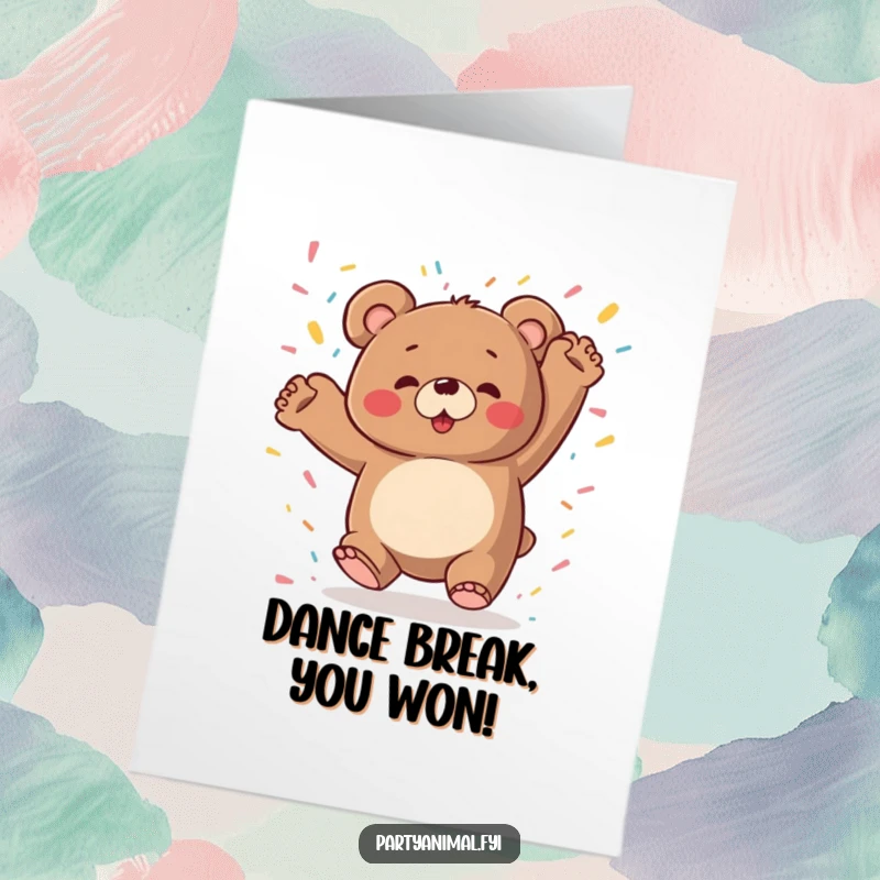 Funny Free Printable Congratulations Card: A chubby bear dances ecstatically with confetti showering down.