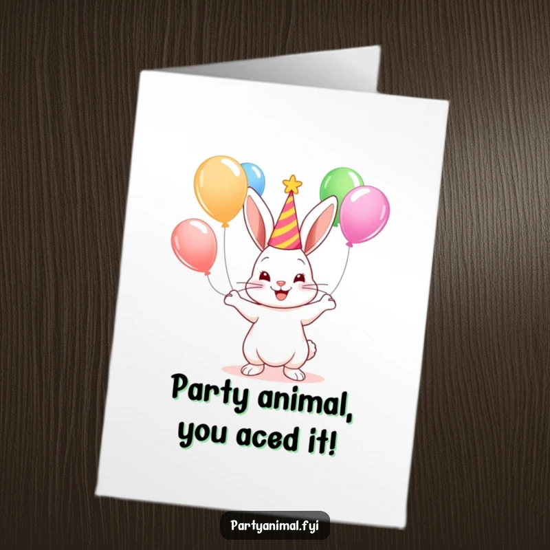 Funny Free Printable Congratulations Card: A cute bunny in a party hat juggles colorful balloons with a big smile.