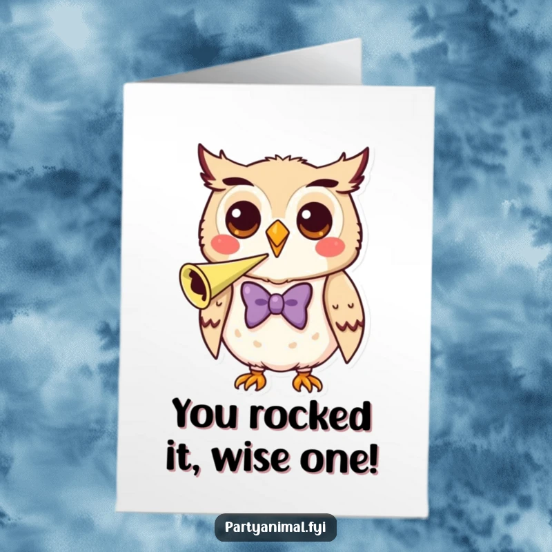 Funny Free Printable Congrats Card: A happy owl in a formal bow tie energetically blows a party horn, announcing success.