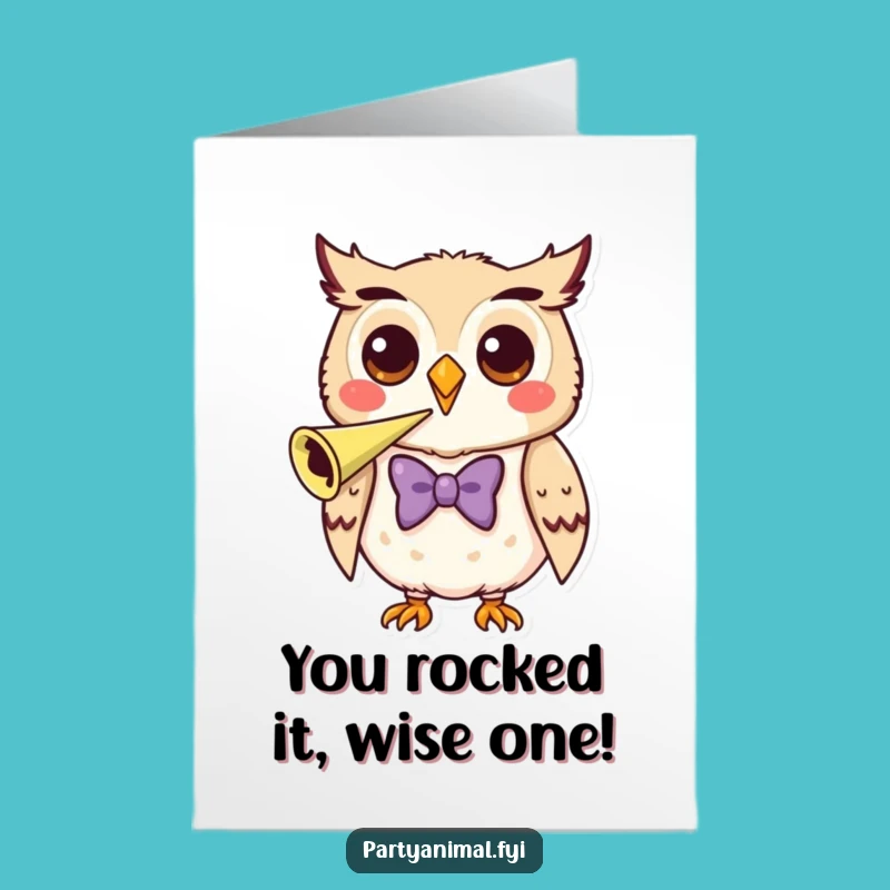 Free Printable Congrats Card: Dapper Owl, Party Horn - Festive Downloadable Art