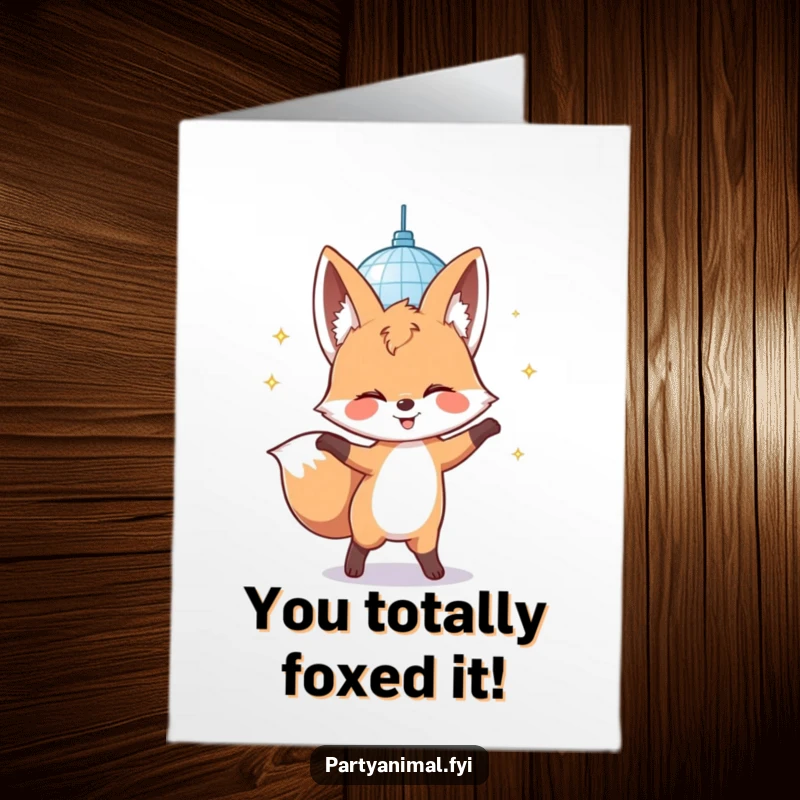 Funny Free Printable Congrats Card: A giggling fox dances under a disco ball, celebrating achievements with infectious, party-starting energy.