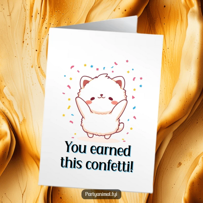 Funny Free Printable Congratulations Card: A fluffy creature exuberantly tosses confetti, conveying pure joy for a downloadable art gift.