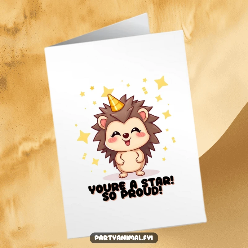 Funny Free Printable congratulations card: a joyful hedgehog nestled among twinkling, shimmering party stars, celebrating.