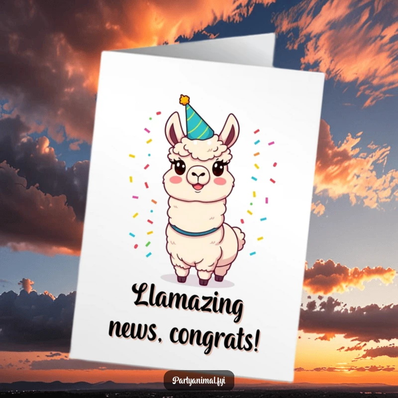 Funny Free Printable Congratulations Card: Excited llama juggling confetti, perfect for celebrating milestones, downloadable art.
