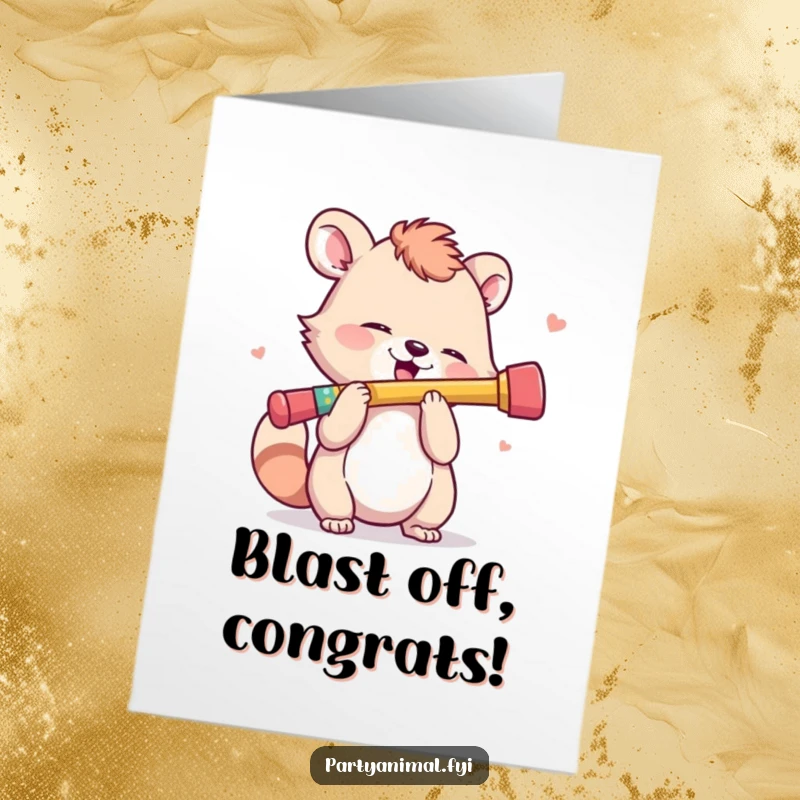 Funny Free Printable Congrats Card: Animal character enthusiastically playing a tiny, colorful kazoo to celebrate an achievement. Downloadable greeting.