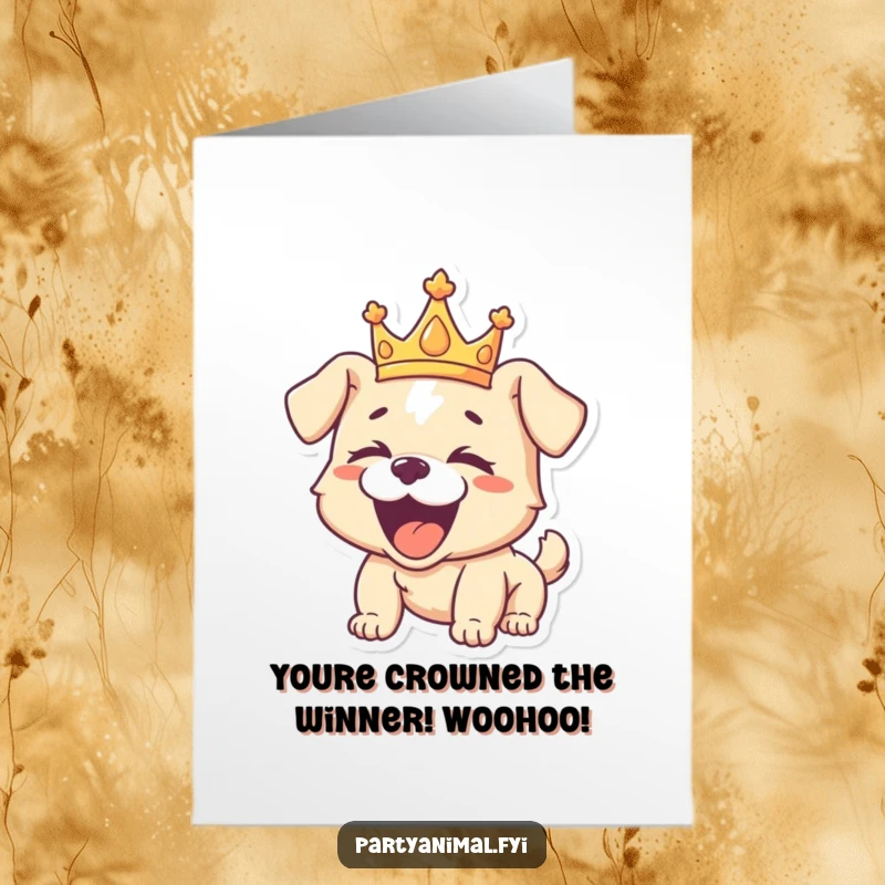 Funny Free Printable congratulations card: crowned puppy erupting in peels of laughter, celebrating a grand achievement.