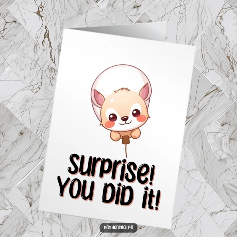 Funny Free Printable Congratulations Card: A curious animal character shyly peeks from behind a vibrant balloon, celebrating their achievement.