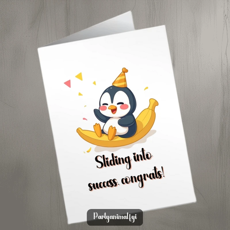 Free printable congratulations card showing a happy penguin character giggling as it slides on a banana peel at a party.
