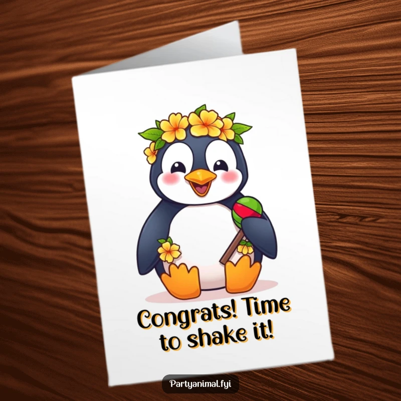 Free printable congratulations card featuring a happy penguin wearing a lei and shaking maracas, celebrating a big win.