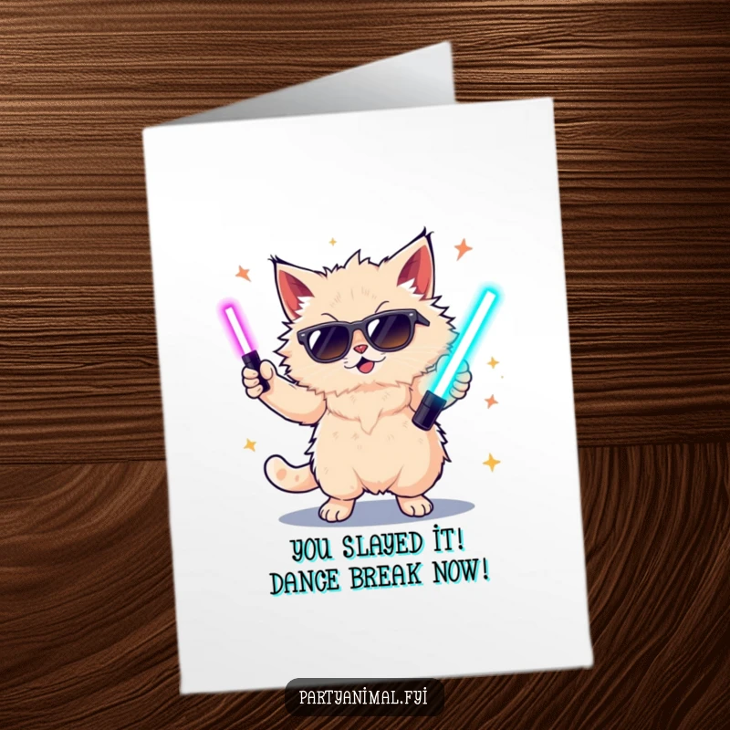 Free printable congratulations card showing a fluffy cat in sunglasses, grooving with glow sticks to celebrate a major win.
