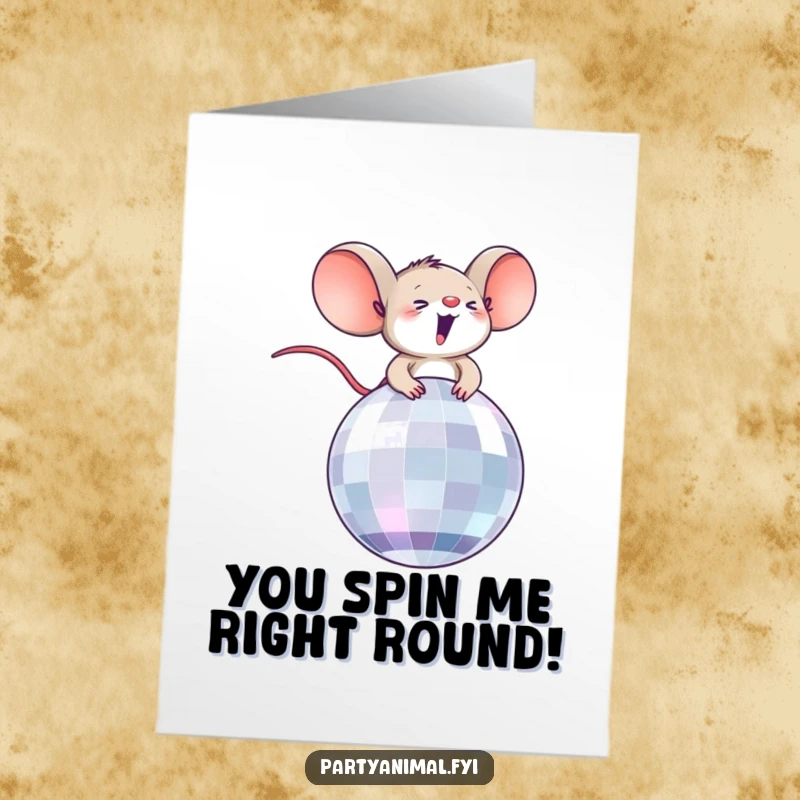 Funny Free Printable Congratulations Card: Elated mouse on a disco ball, cheering for your success.