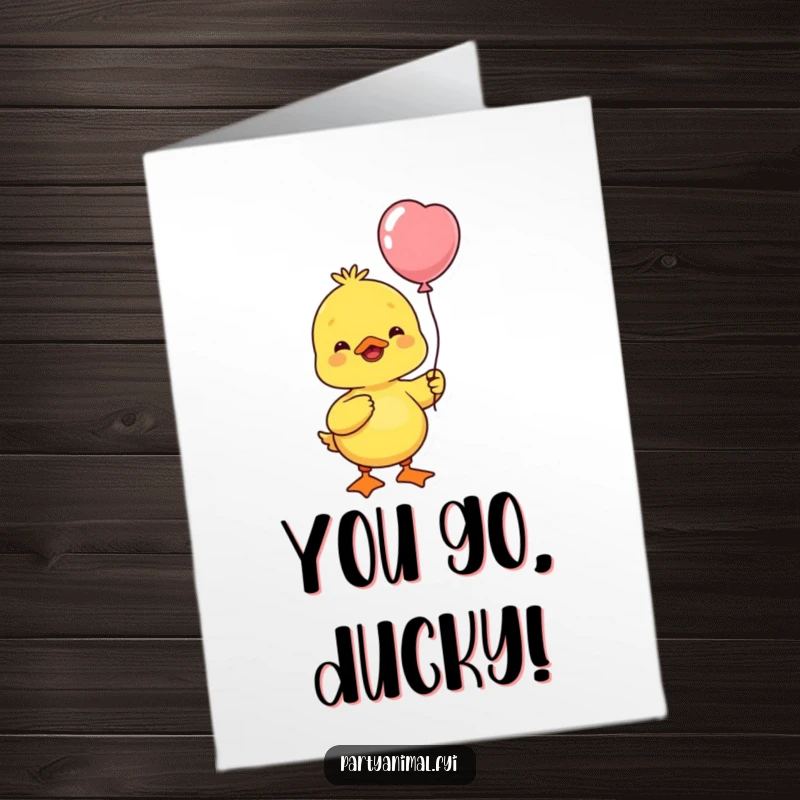 Funny Free Printable Congratulations Card: Yellow duck holding a balloon, bobbing its head in celebration.