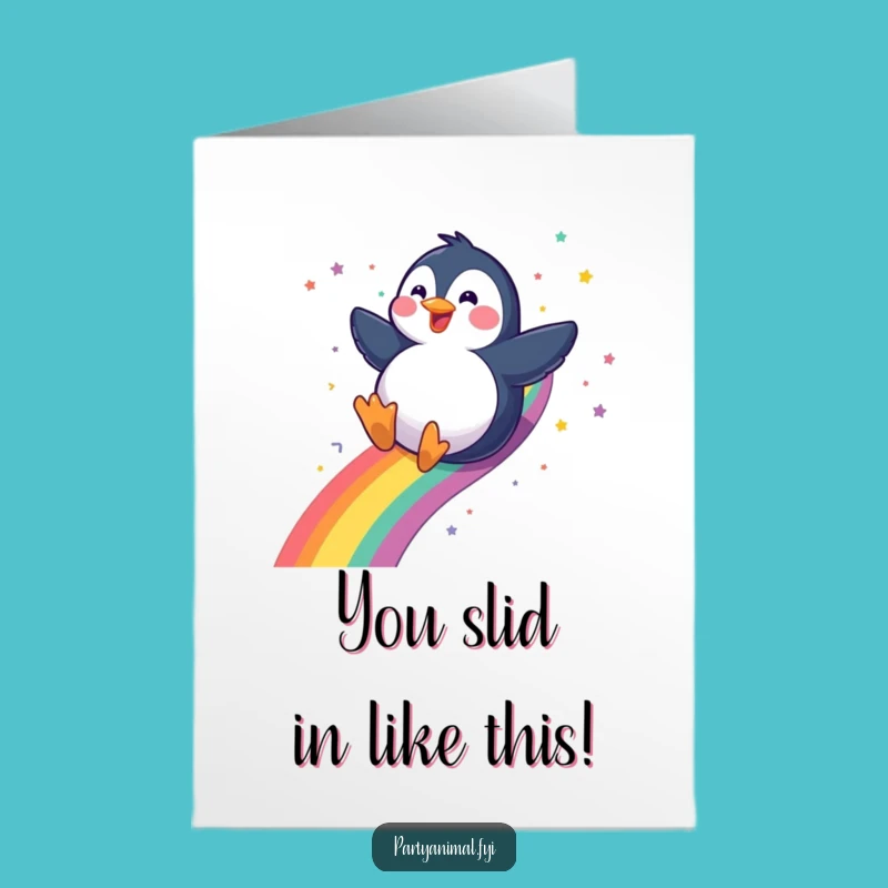 Free Printable Congratulations Card: Penguin on Rainbow, Cheerful Downloadable for Instant Success