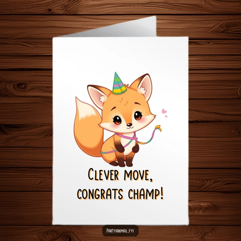 Funny Free Printable Fox Congratulations Card: A curious fox with a party streamer playfully wrapped around its tail.