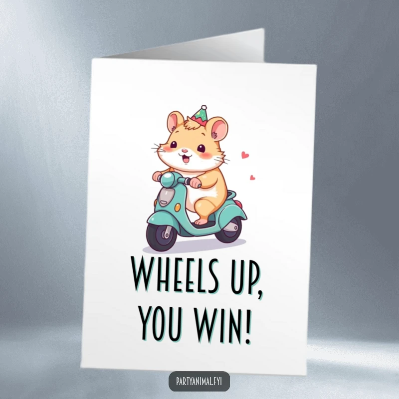 Funny Free Printable Congratulations Card featuring a happy hamster character zipping along on a small, decorated party scooter.