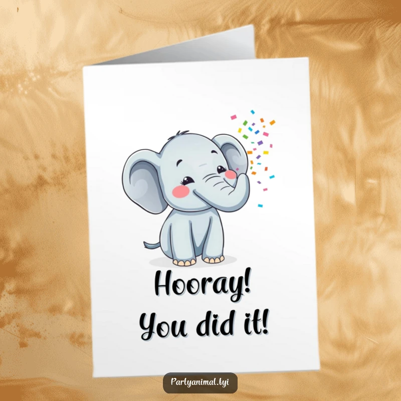 Funny free printable congratulations card featuring a happy elephant spraying colorful confetti from its trunk to celebrate a significant achievement.