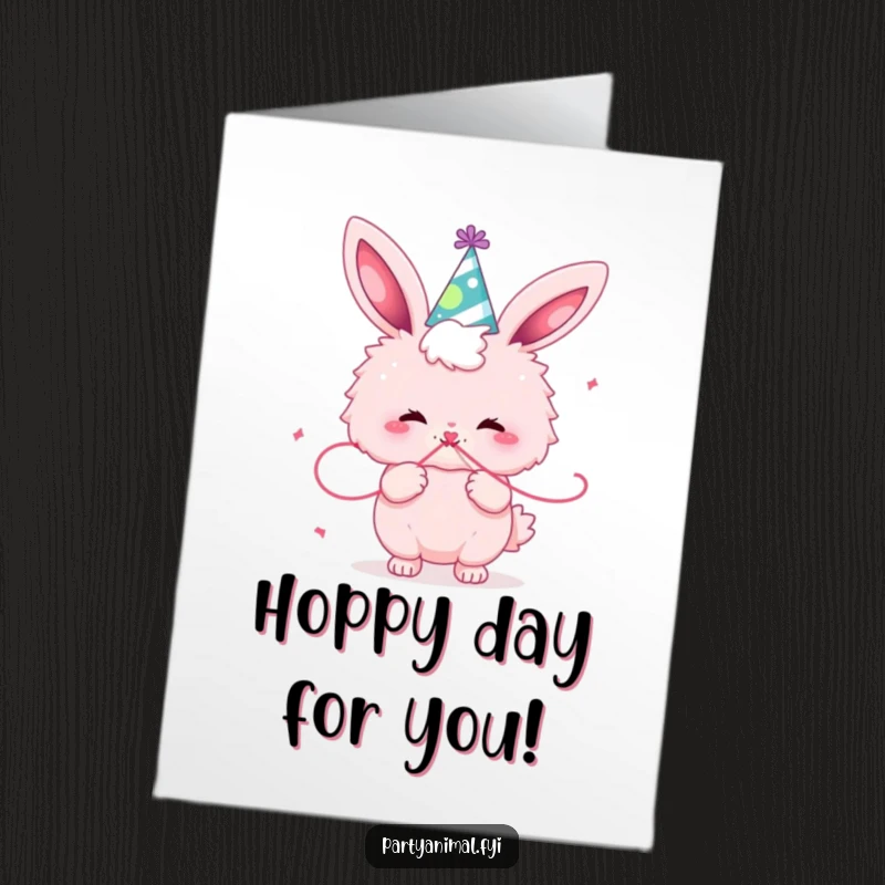Funny Free Printable Congratulations Card: A pink bunny wearing a party hat, blowing a festive streamer.